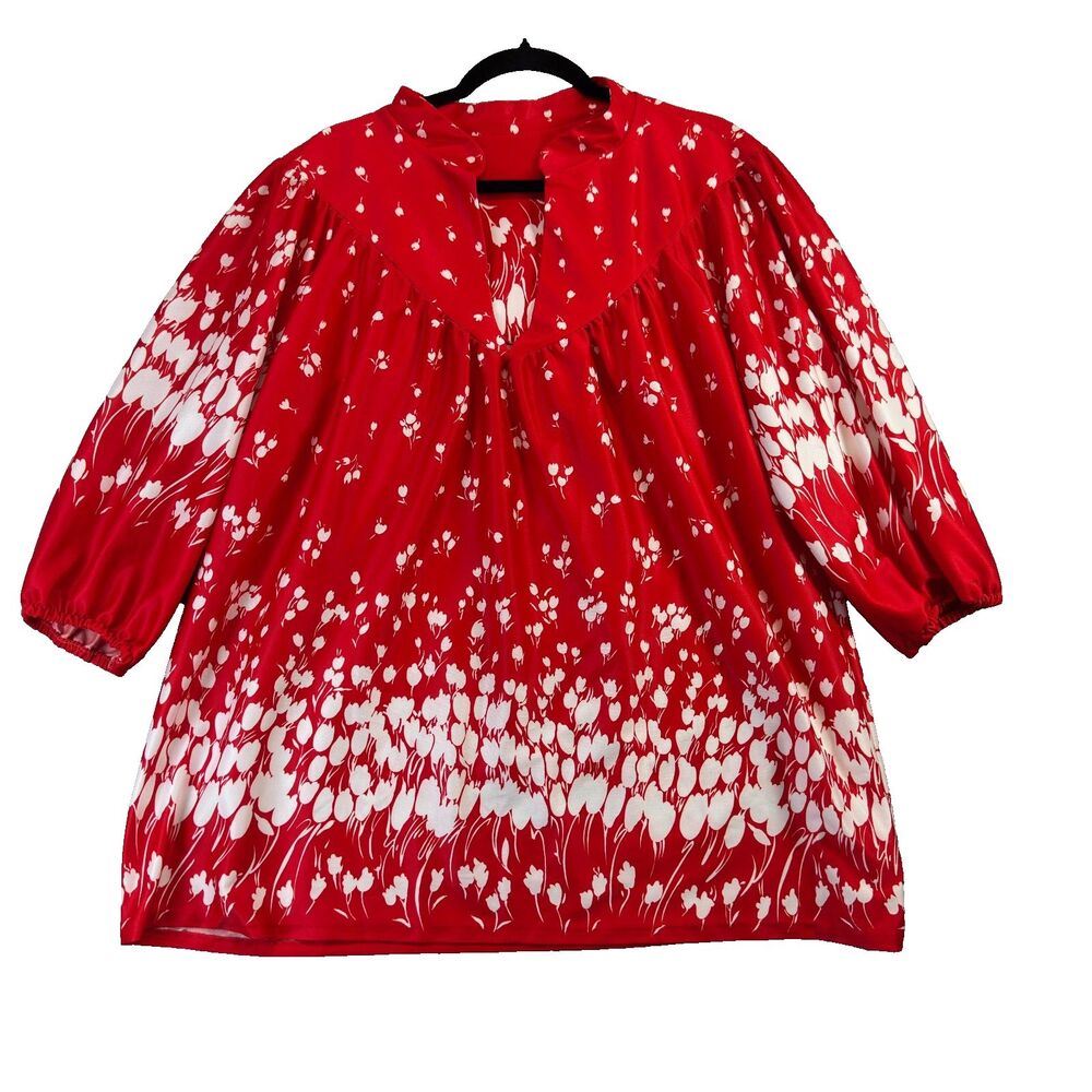 Granada Blouse Women 4X 50-52 Red Floral Vintage Peasant Tunic Top Plus Pullover
